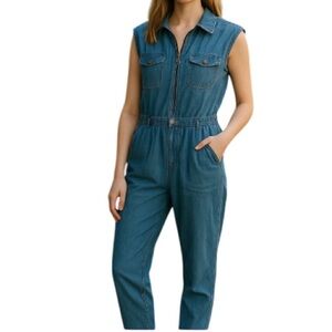 Mavi Jeans Co Chambray Tencel Jumpsuit Blue Medium Wash Denim Look Sleeveless XS